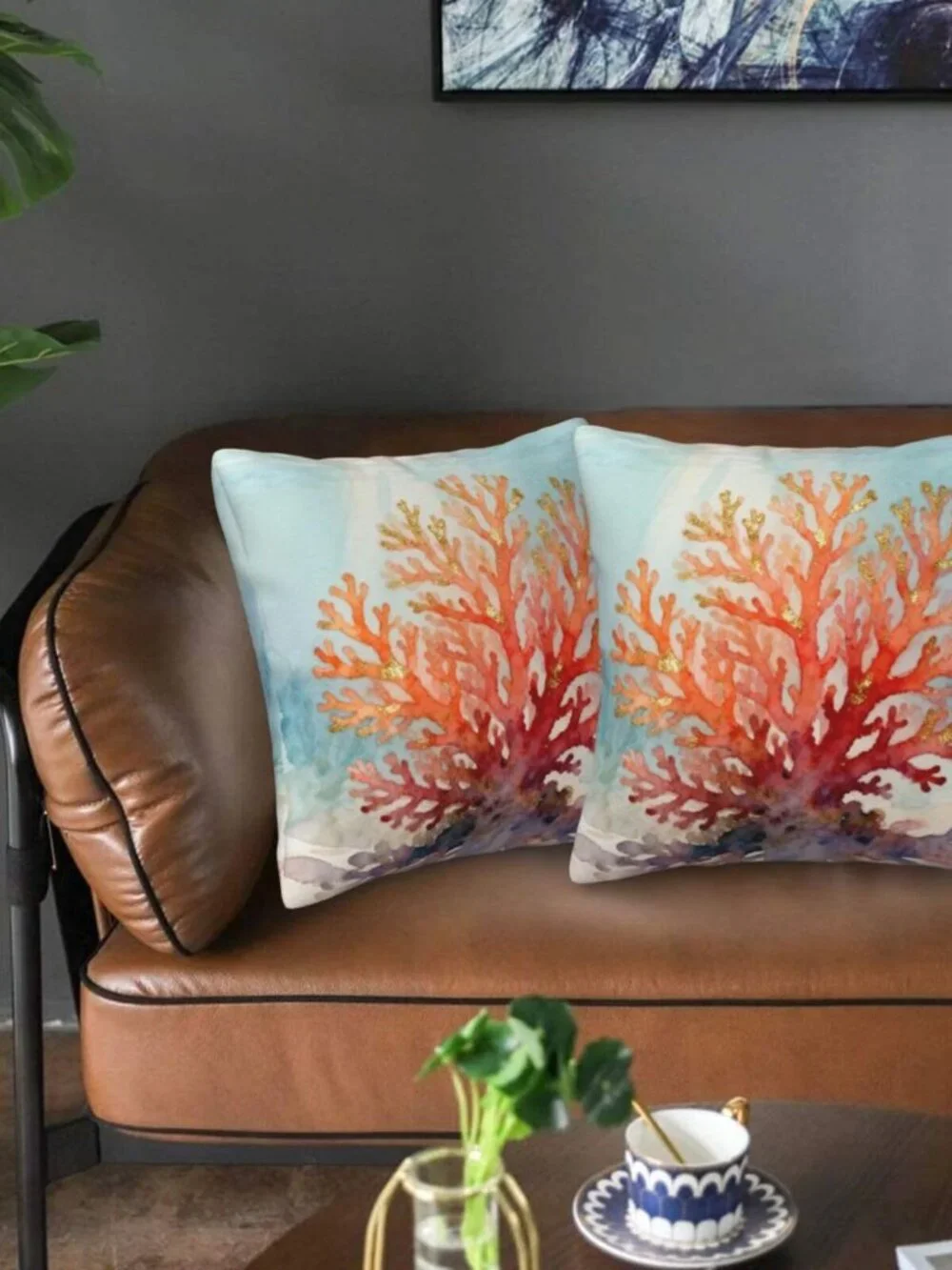 Coastal Beach Coral Throw Pillow Covers 18x18 in Set of 2, Decor Decorative Blue